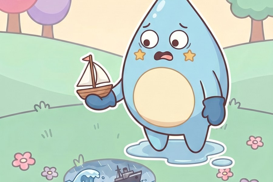 Wibble holding a tiny boat beside a puddle